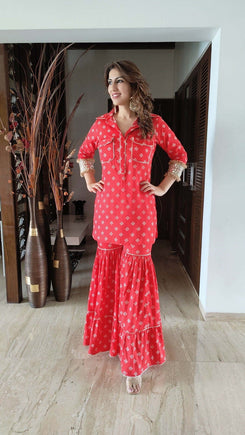 Red Pathani Sharara Set