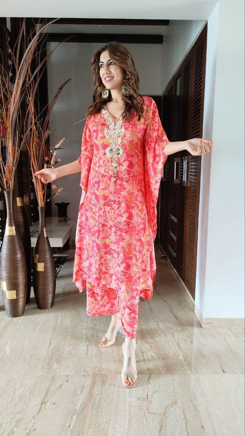 Red Pink Hand Embroidery Kaftan Set