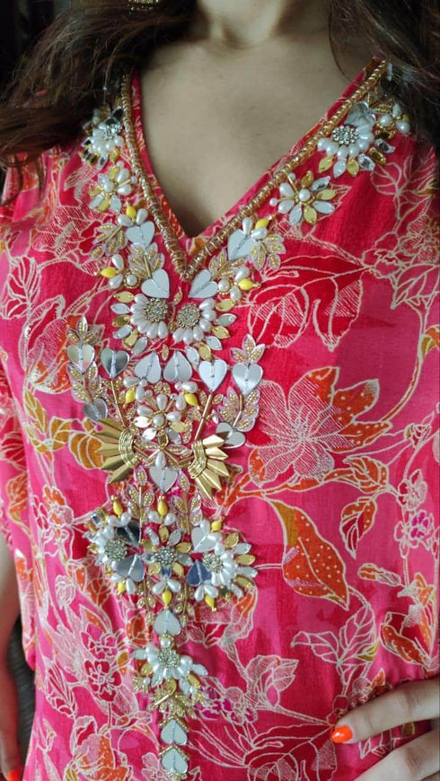 Red Pink Hand Embroidery Kaftan Set