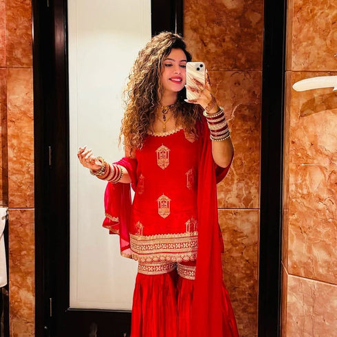 Red Spaghetti Sharara Set