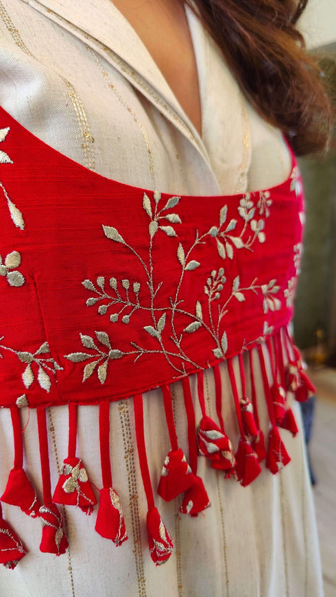 Red and Off White Koti Pathani Set