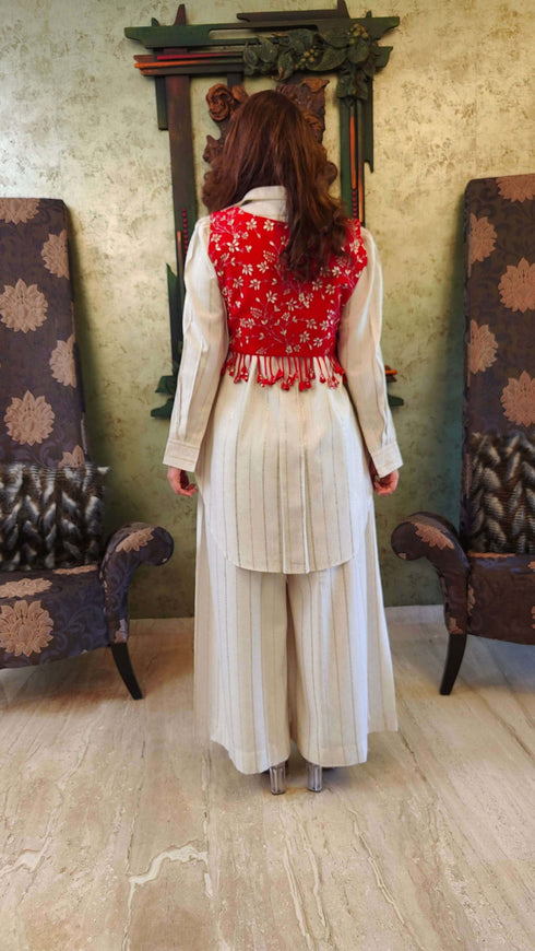 Red and Off White Koti Pathani Set