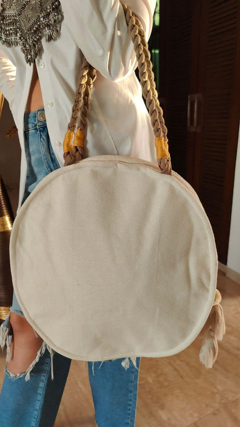 Round White Blue Ikat Banjara Handcrafted Embroidery Tote Bag