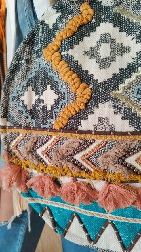 Round White Blue Ikat Banjara Handcrafted Embroidery Tote Bag