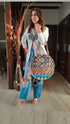 Round White Blue Ikat Banjara Handcrafted Embroidery Tote Bag