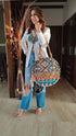 Round White Blue Ikat Banjara Handcrafted Embroidery Tote Bag
