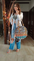 Round White Blue Ikat Banjara Handcrafted Embroidery Tote Bag