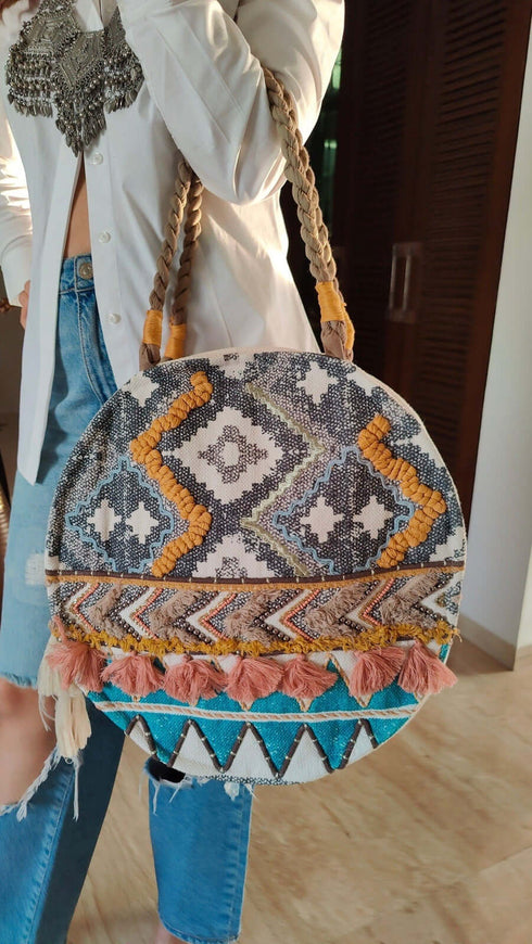 Round White Blue Ikat Banjara Handcrafted Embroidery Tote Bag