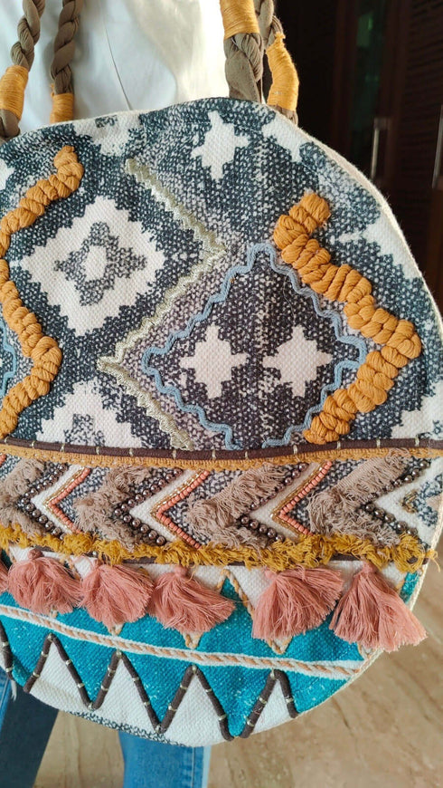 Round White Blue Ikat Banjara Handcrafted Embroidery Tote Bag