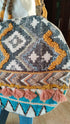 Round White Blue Ikat Banjara Handcrafted Embroidery Tote Bag