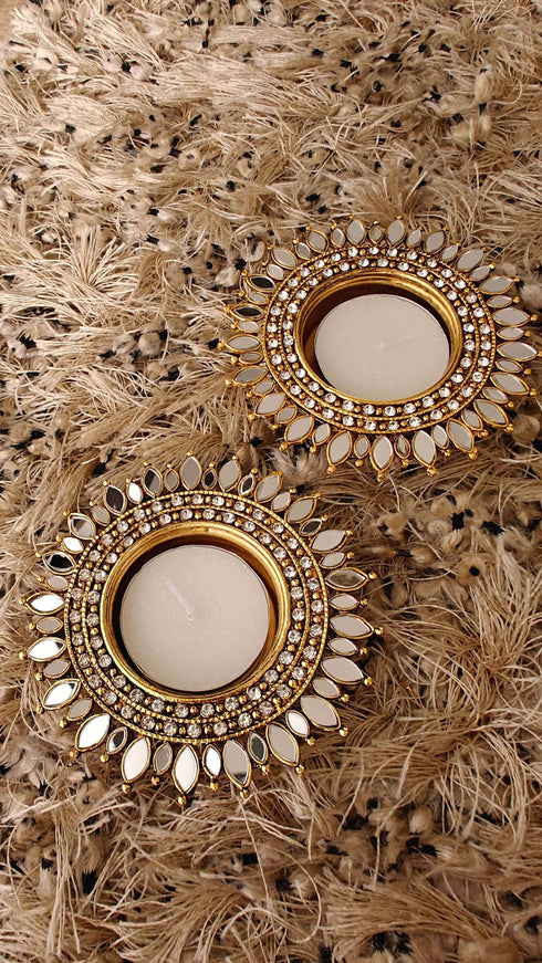 Round White Gold Kundan Diya Set (Pair of 2) - Accessory