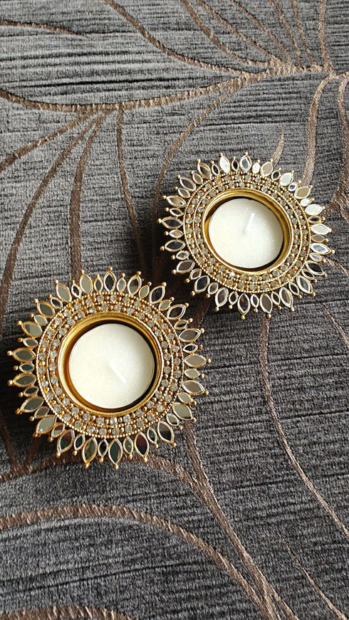 Round White Gold Kundan Diya Set (Pair of 2) - Accessory