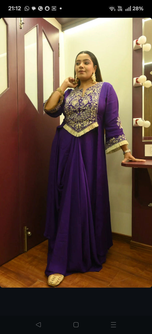 Purple Drape Skirt Set with Embroidered High-Low Top