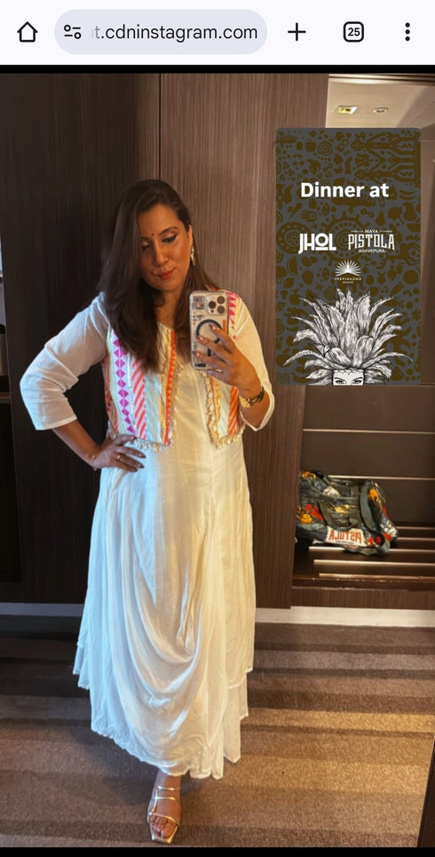 Off White Drape gown with Neon Jacket - DC Mumbai