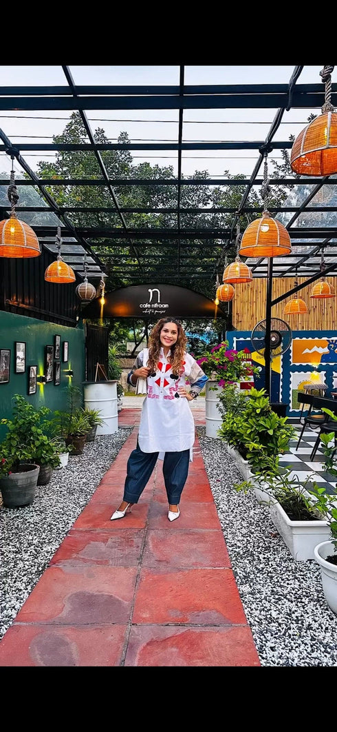 Blue Card Print Coord Set with Handbag