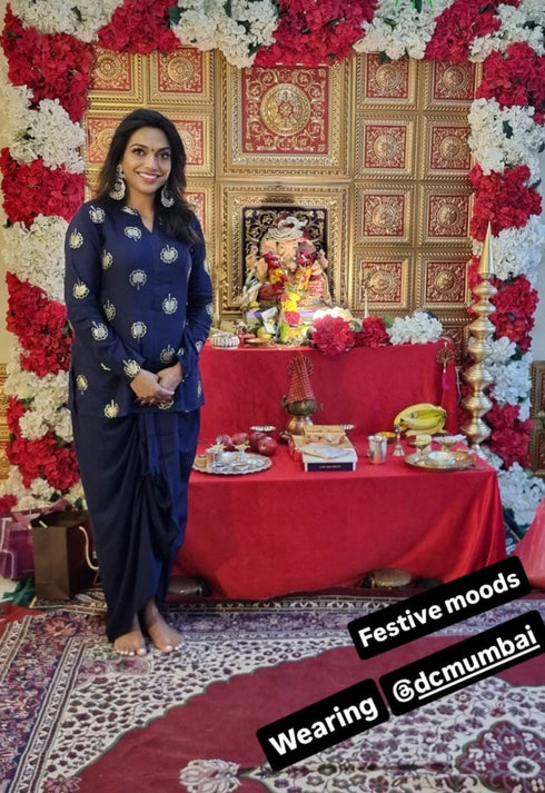 Gold Blue Short Kurta with Dhoti Skirt