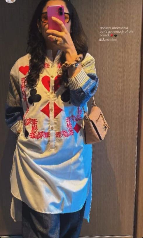 Blue Card Print Coord Set with Handbag