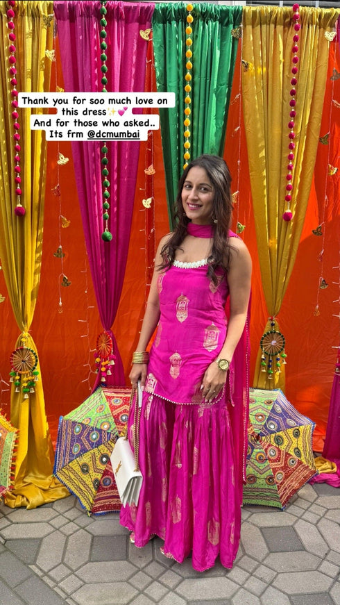 Crepe Hot Pink Gold Spaghetti Sharara Set