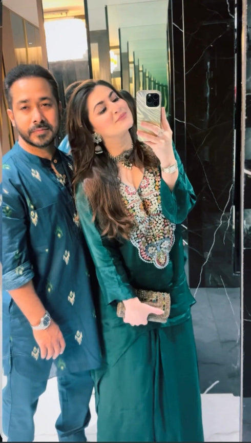 Embroidered Green Kaftan Top with Drape Lungi Skirt