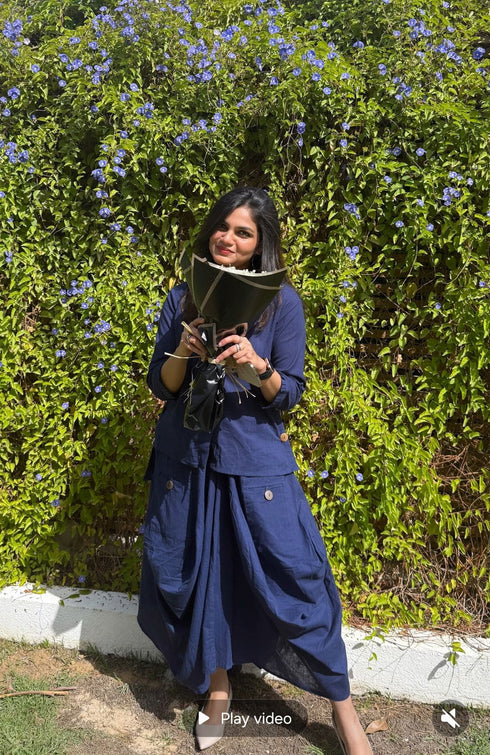 Navy Blue Drape Skirt Set For Women