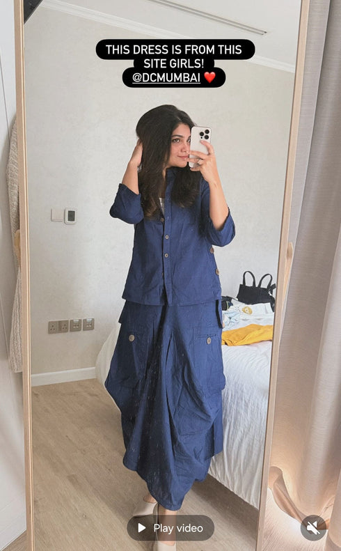 Navy Blue Drape Skirt Set For Women
