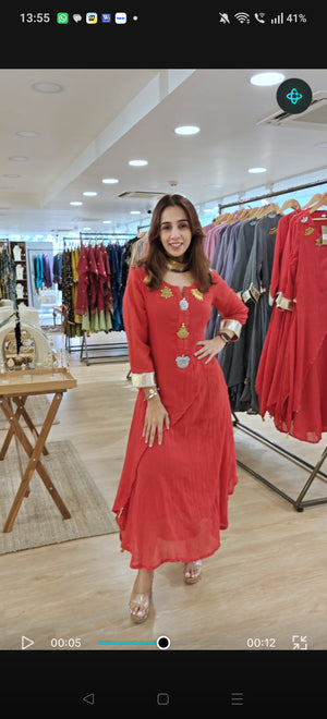 Red Metal Linen Drape Dress