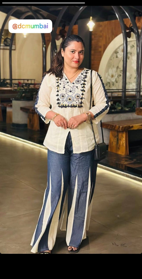 Embroidered Top With Kali Pants - Denim Look