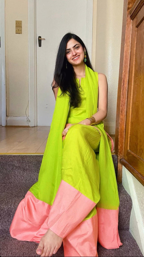 Green Pink Organza Duppatta Farshi Set