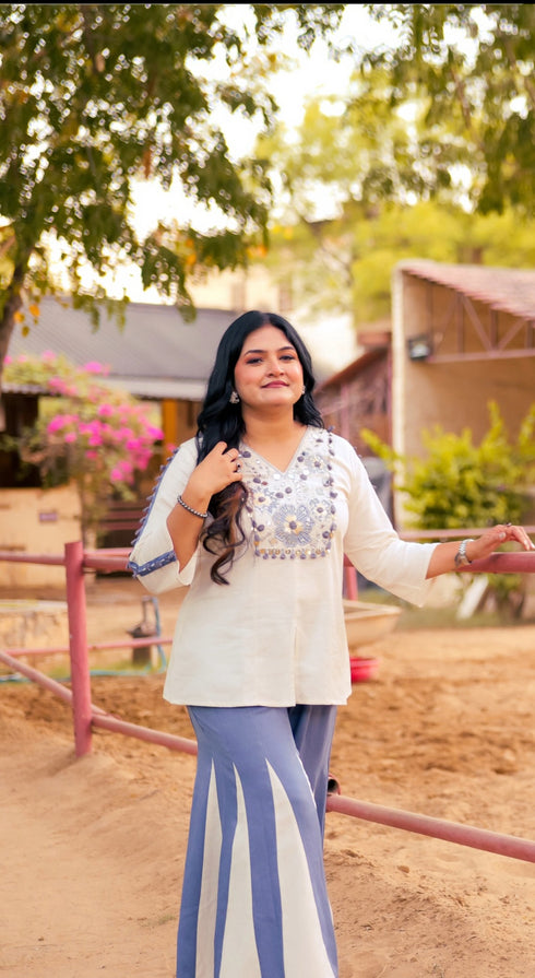 Embroidered Top With Kali Pants - Denim Look