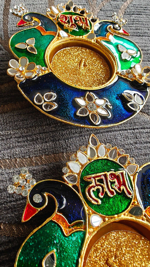 Shubh Labh Peacock Morni Diya Set Third Design (Pair of 2) - Accessory