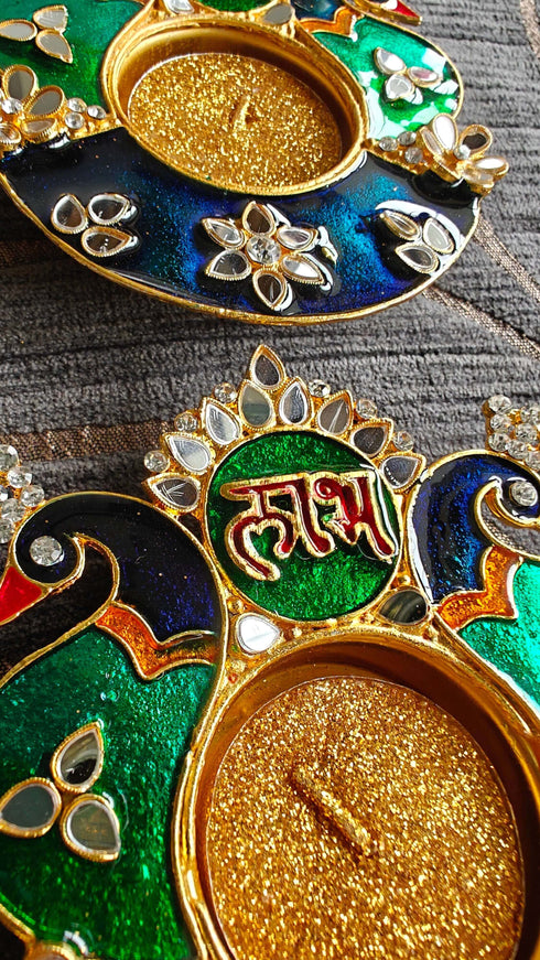 Shubh Labh Peacock Morni Diya Set Third Design (Pair of 2) - Accessory