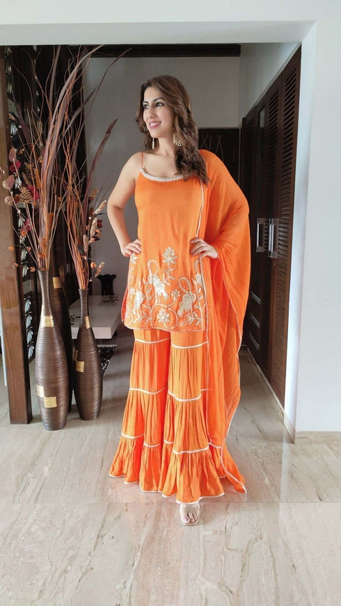 Silk Orange Sharara Suit For Women