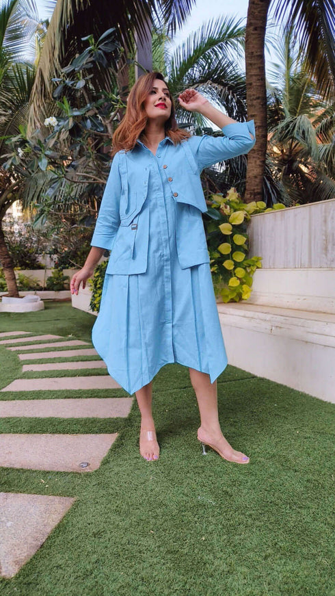 Sky Blue Shirt Dress With Waist Coat