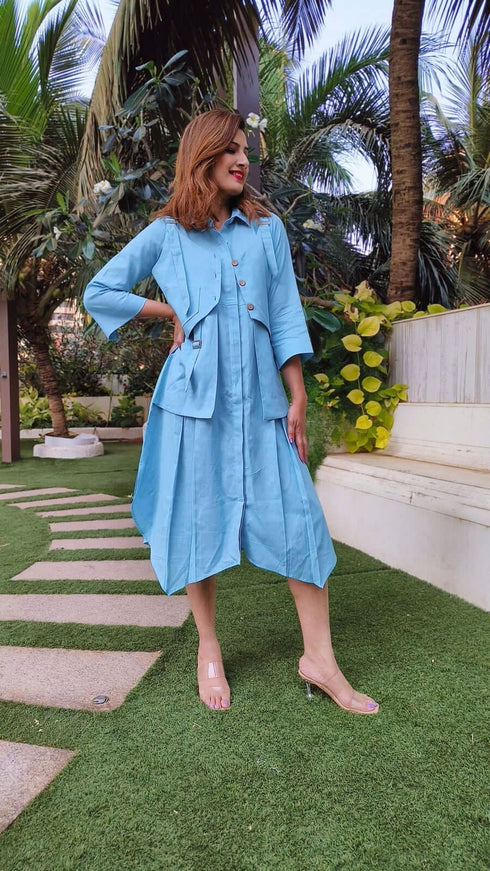 Sky Blue Shirt Dress With Waist Coat