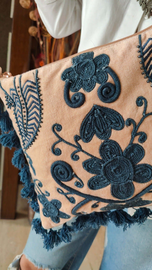 Sling Velvet Peach Blue Banjara Handcrafted Embroidery Bag