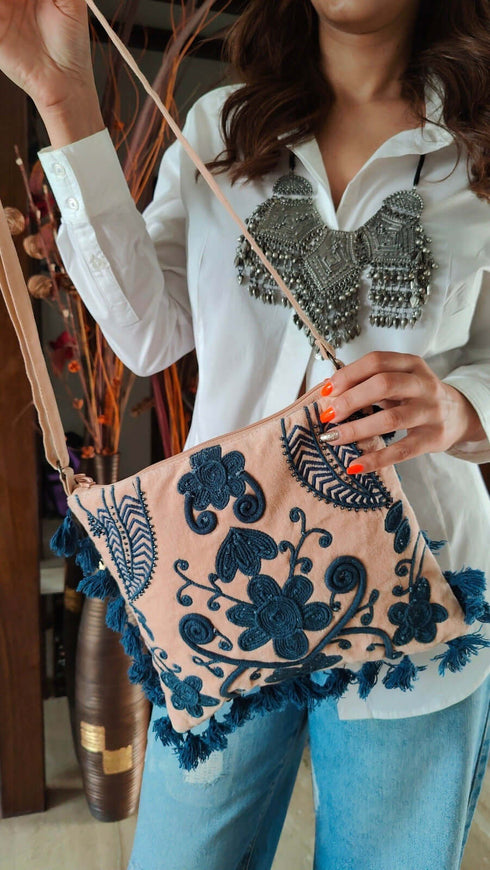 Sling Velvet Peach Blue Banjara Handcrafted Embroidery Bag