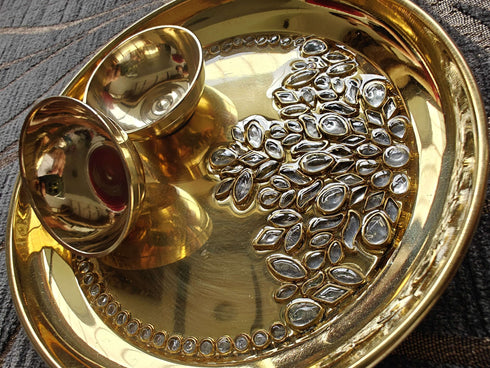 Small Kundan Brass Pooja Thali Set - Accessory