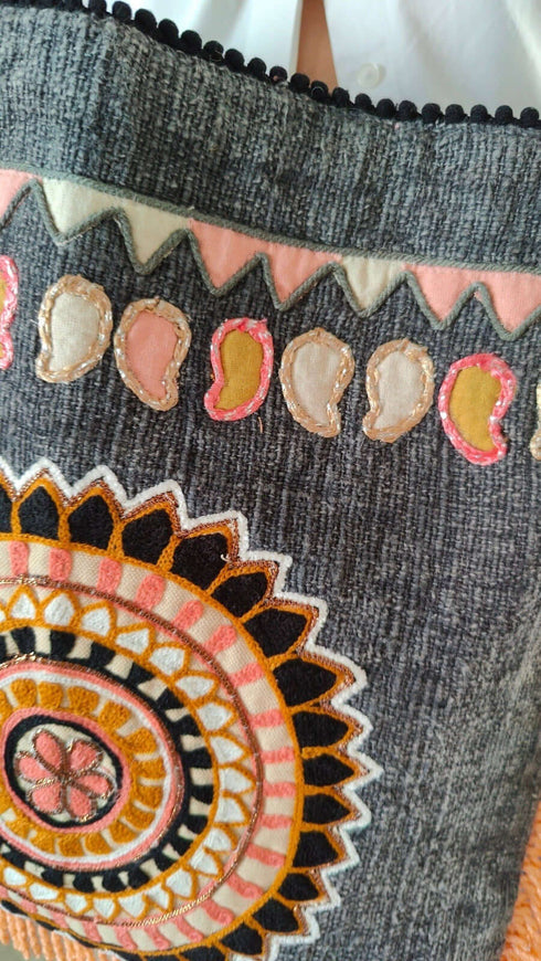 Sun Grey Jute Banjara Handcrafted Embroidery Tote Bag