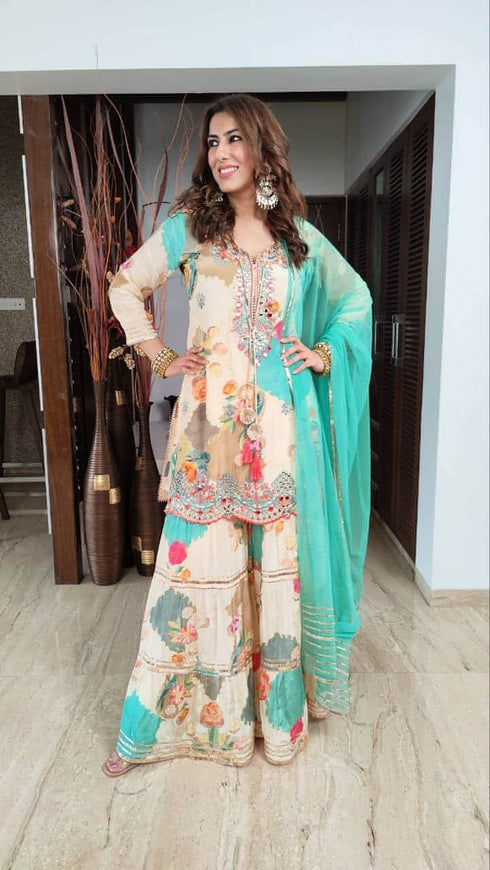 Teal Cream Sharara Set