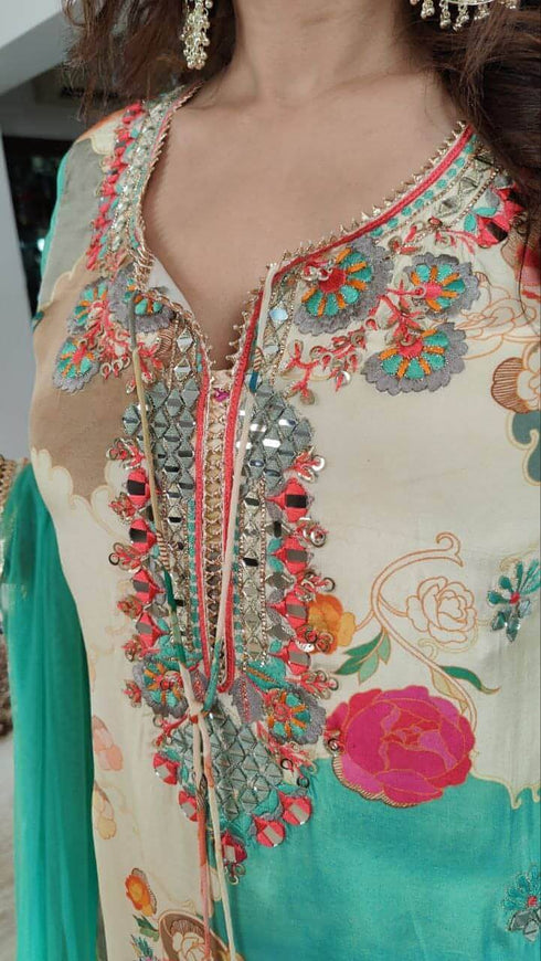 Teal Cream Sharara Set