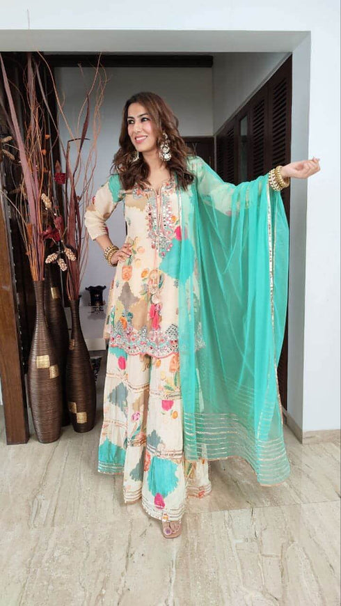 Teal Cream Sharara Set