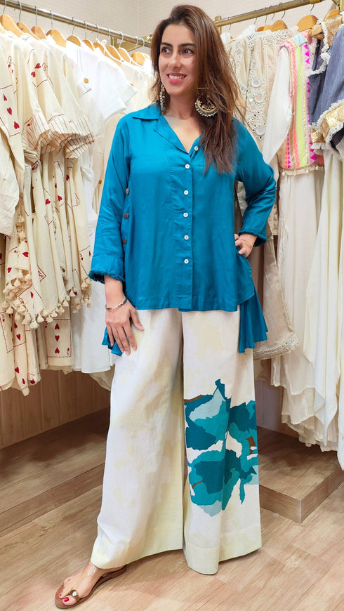 Rose Teal Blue Shirt Coord Set