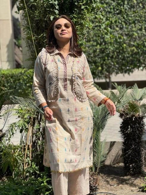 Three Piece Jacket Off White Pathani Set