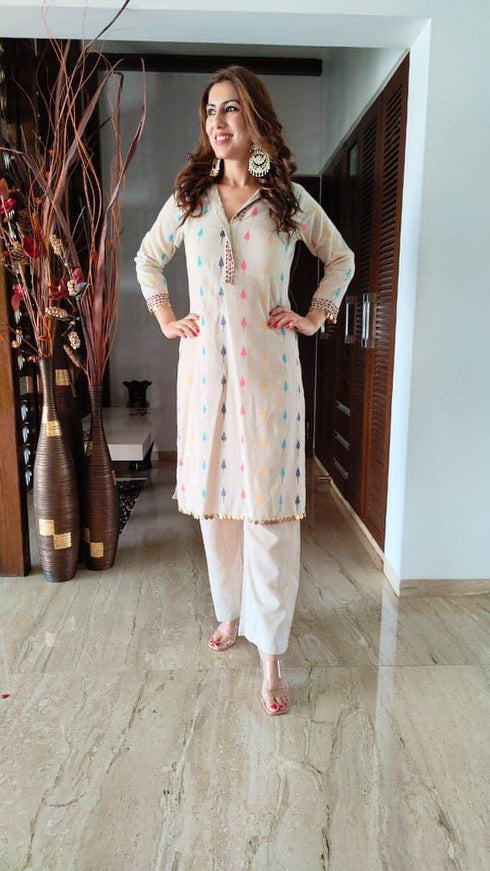 Three Piece Jacket Off White Pathani Set