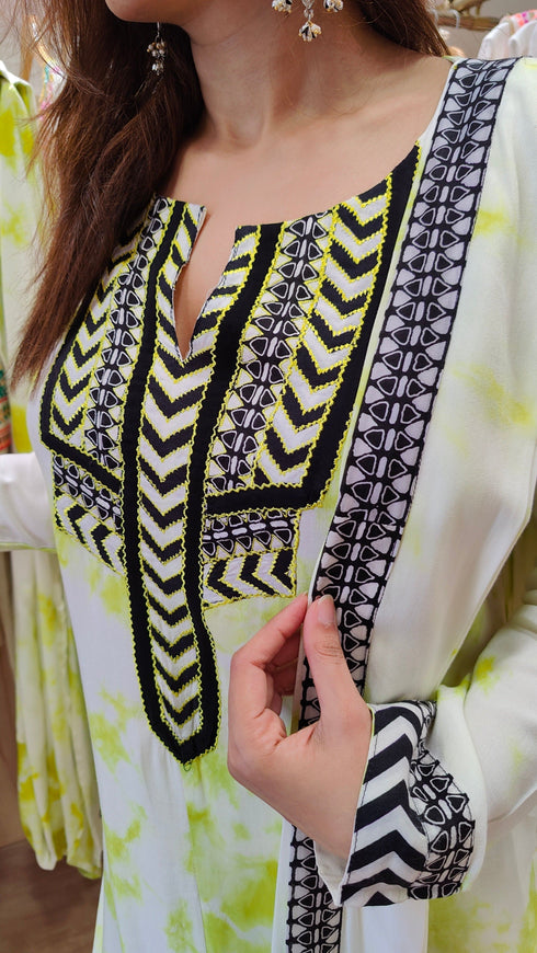 (Kajol) Tie Dye Green Drape Sari Kurta Set