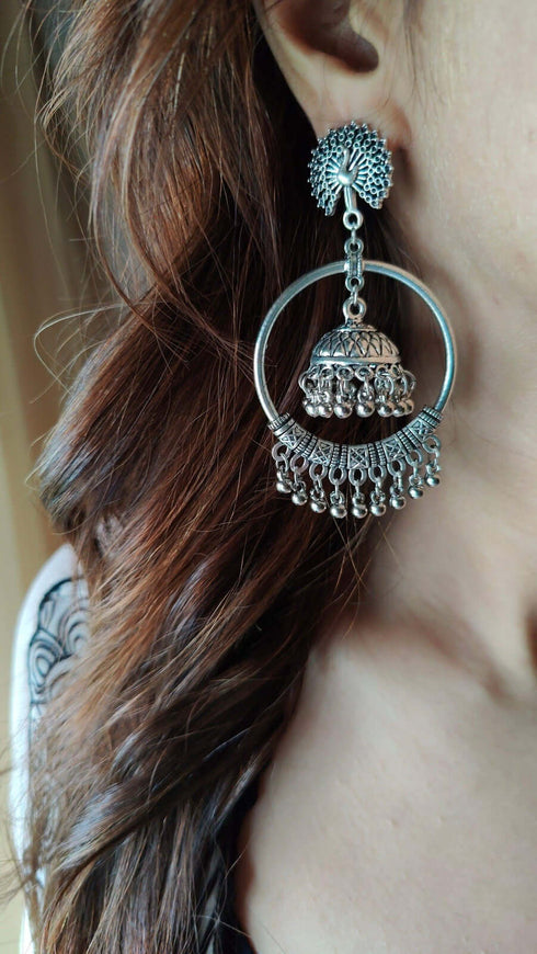 Tree Of Life Ghungroo Silver Oxidised Earring