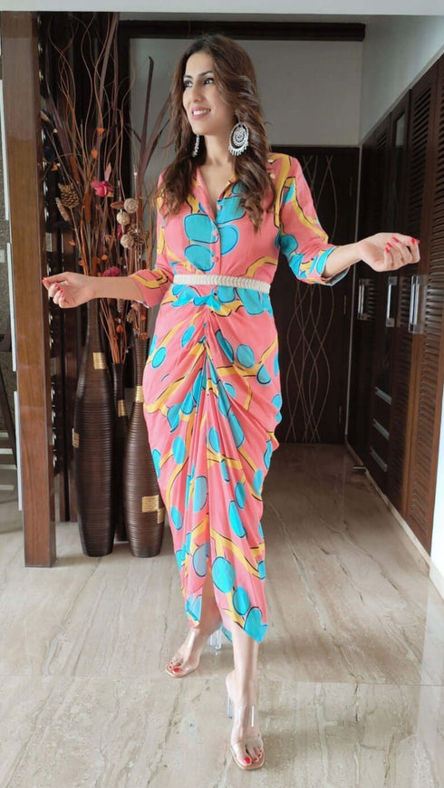 Tropical Pink Dress with Belt