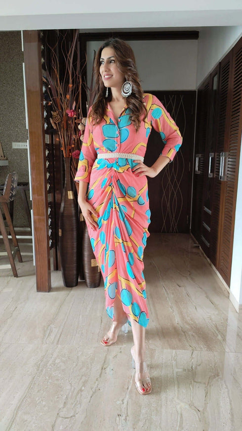 Tropical Pink Dress with Belt