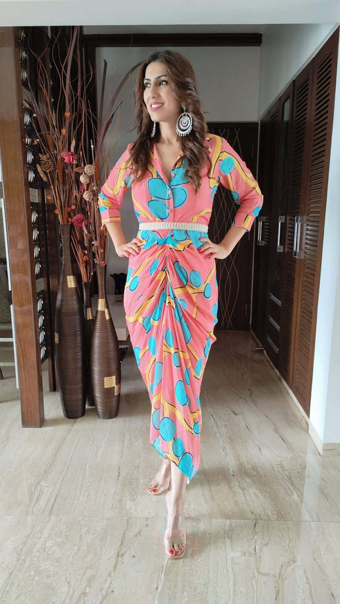 Tropical Pink Dress with Belt