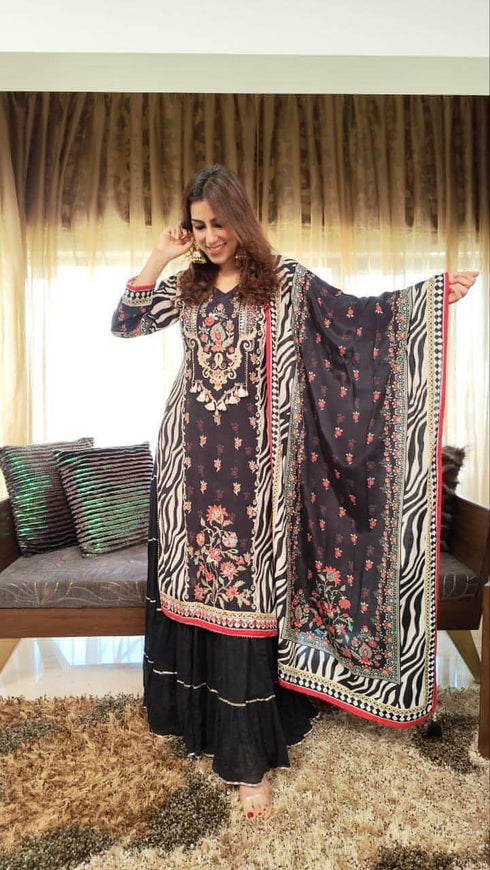 Two Piece Black Skirt Sharara Set